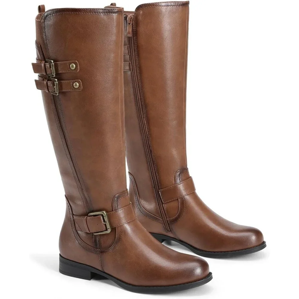 Women's Faux Leather Tan Knee High Buckle Chunky Heel Flat Riding Pirate Boots